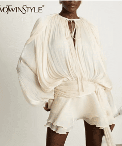 TWOTWINSTYLE Solid Spliced Lace Up Loose Dresses For Women