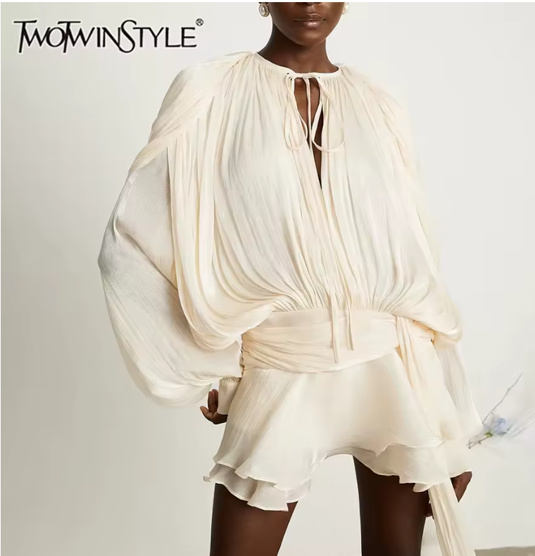 TWOTWINSTYLE Solid Spliced Lace Up Loose Dresses For Women